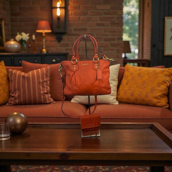 Coach Ashley Mini Tote & CoachCompact Clutch Wallet Tearose Orange - Picture 8 of 12